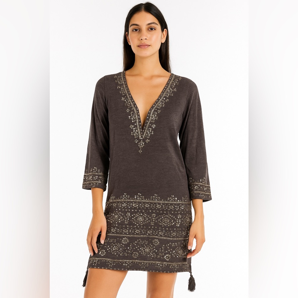 Calypso St Barth Tassel Dress brown grey with beautiful gold embroidery Size S